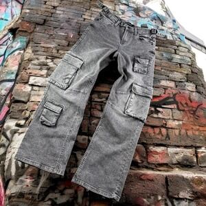 VTG ChicConnect Jeans Women 5 Cargo Utility Grey Acid Wash Buckle Side Tab Y2K